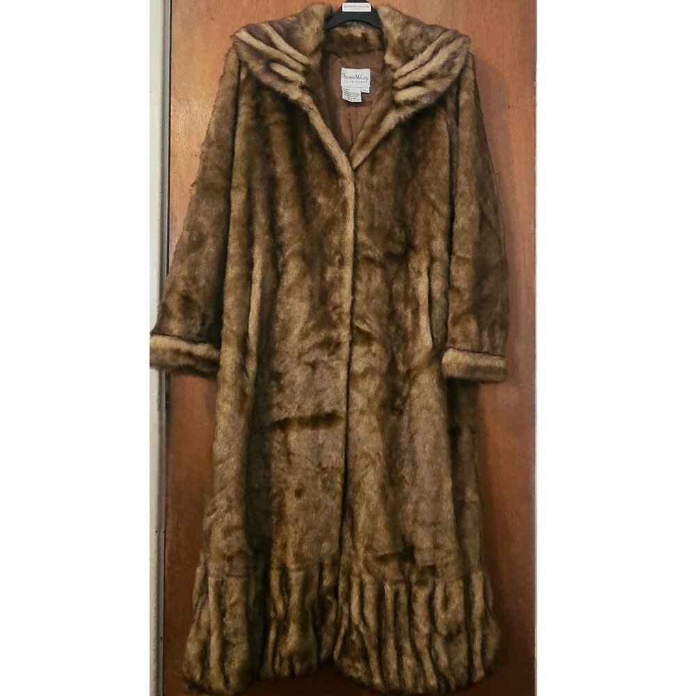Pamela McCoy M Full Length Replica Chestnut Mink Faux Fur Coat with Scallop Trim